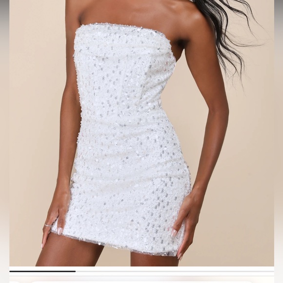 White Sequin Pearl Strapless Mini Dress - Picture 4 of 8